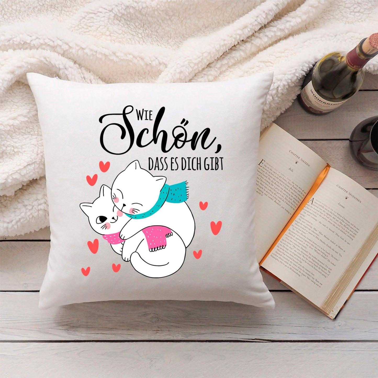 Bedrucktes Kissen mit Spruch Wie schön, dass es dich gibt