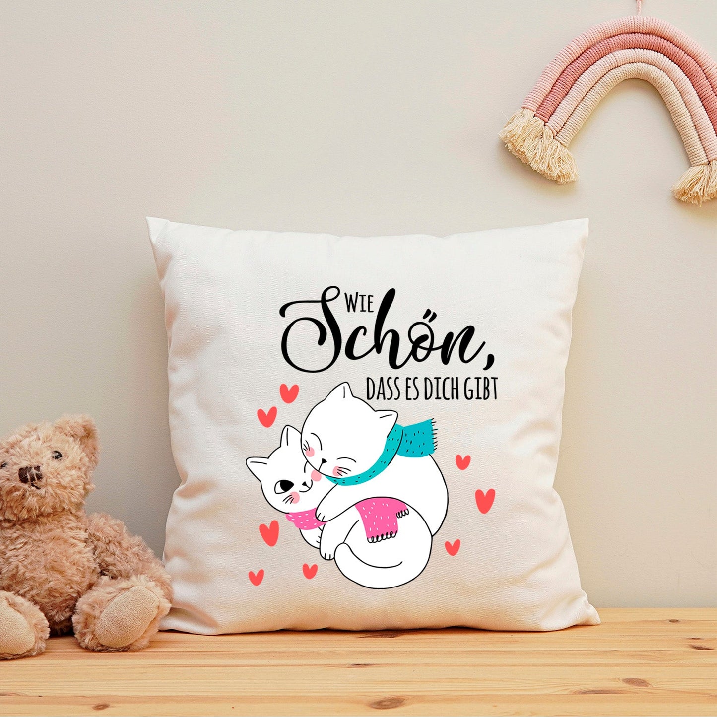 Bedrucktes Kissen mit Spruch Wie schön, dass es dich gibt