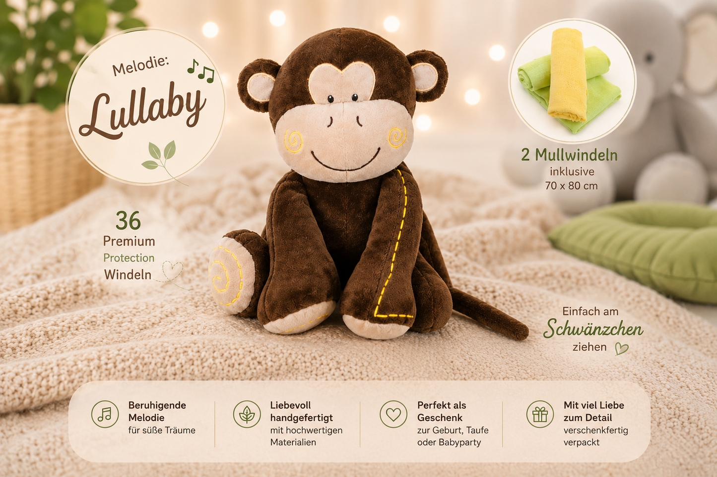 Große Windeltorte SAFARI mit Affen-Spieluhr - Geschenk zur Geburt