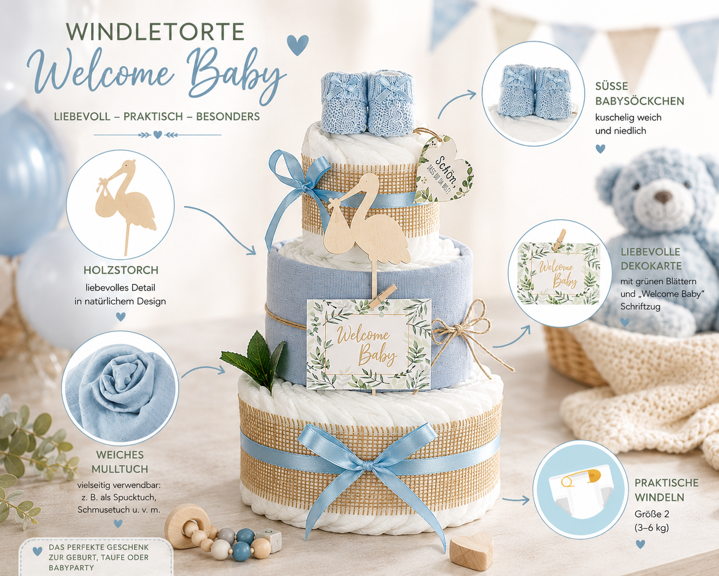 Windeltorte Storch mit Bündel | inkl. Babybooties und Mullwindel | blau