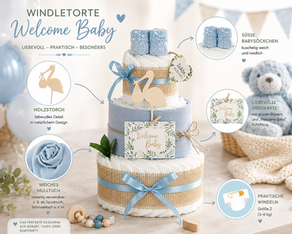 Windeltorte Storch mit Bündel | inkl. Babybooties und Mullwindel | blau