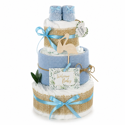 Windeltorte Storch mit Bündel | inkl. Babybooties und Mullwindel | blau
