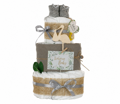 Neutrale Windeltorte Storch mit Bündel | inkl. Babybooties und Mullwindel | grau