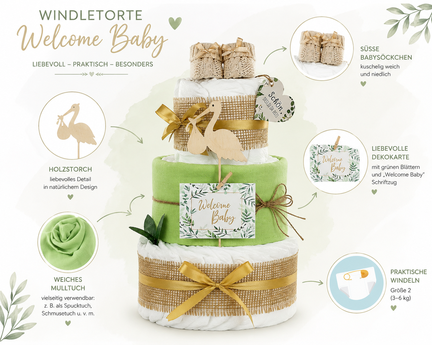 Windeltorte Storch grün