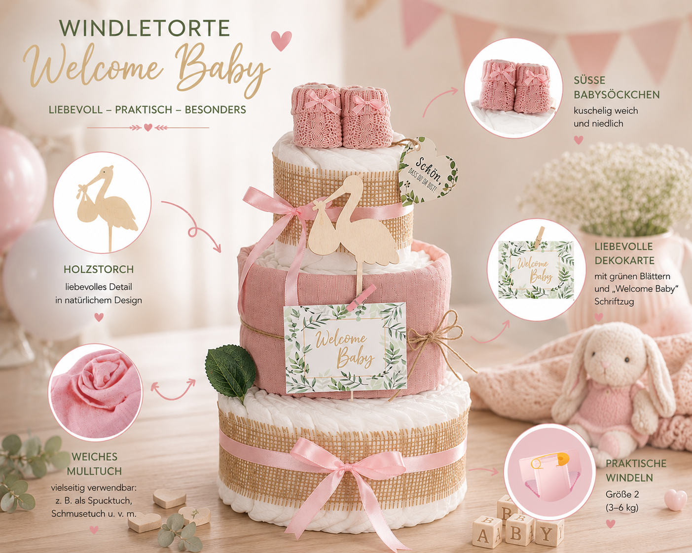 Windeltorte Storch mit Bündel | inkl. Babybooties und Mullwindel, rosa