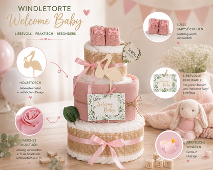 Windeltorte Storch mit Bündel | inkl. Babybooties und Mullwindel, rosa