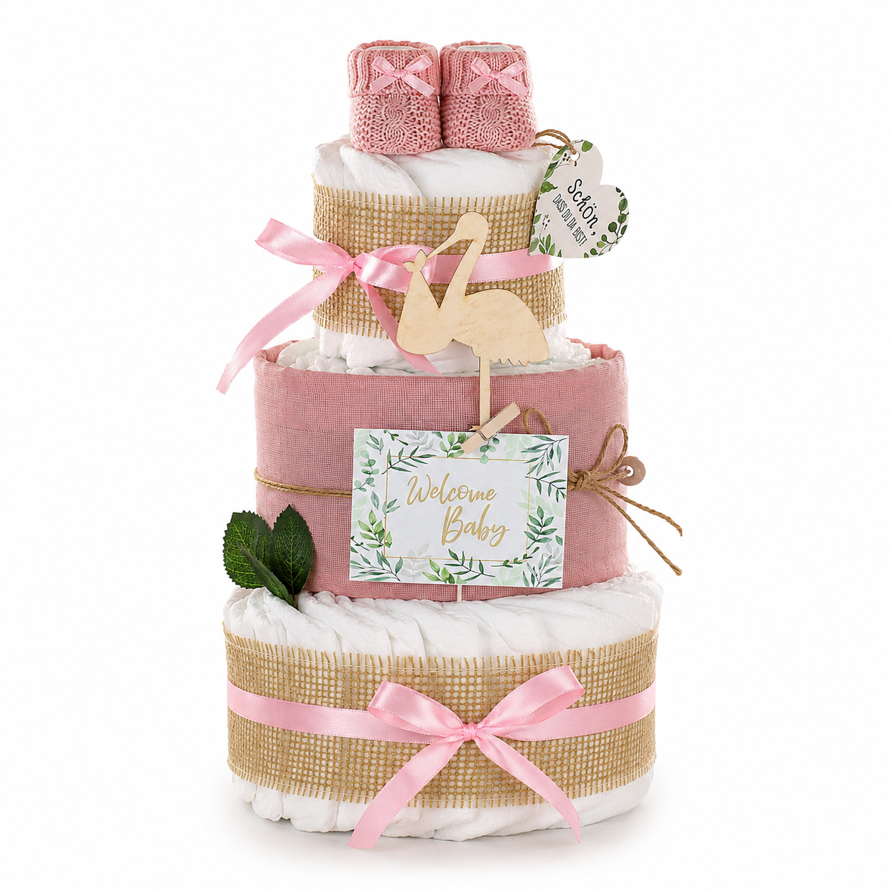 Windeltorte Storch mit Bündel | inkl. Babybooties und Mullwindel, rosa