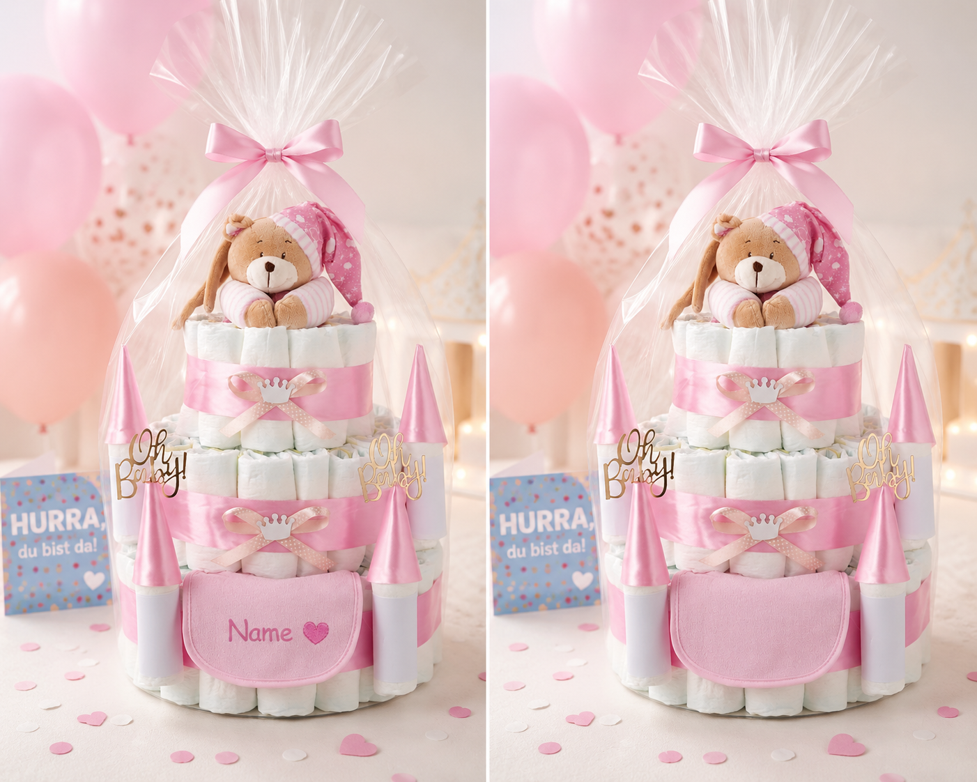 Personalisierbare Windeltorte Schloss Rosa mit Musikspieluhr
