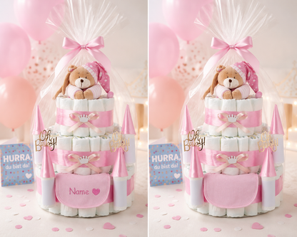 Personalisierbare Windeltorte Schloss Rosa mit Musikspieluhr