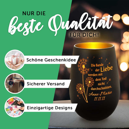 Deko Windlicht aus Glas mit Gravur - Im Stillen Gedenken - Personalisiert mit Namen & Datum - Trauer