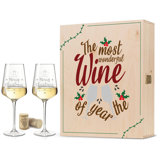Leonardo Puccini Weißweingläser mit Gravur im "Most wonderful Wine" Design als Set inkl. Holzkiste