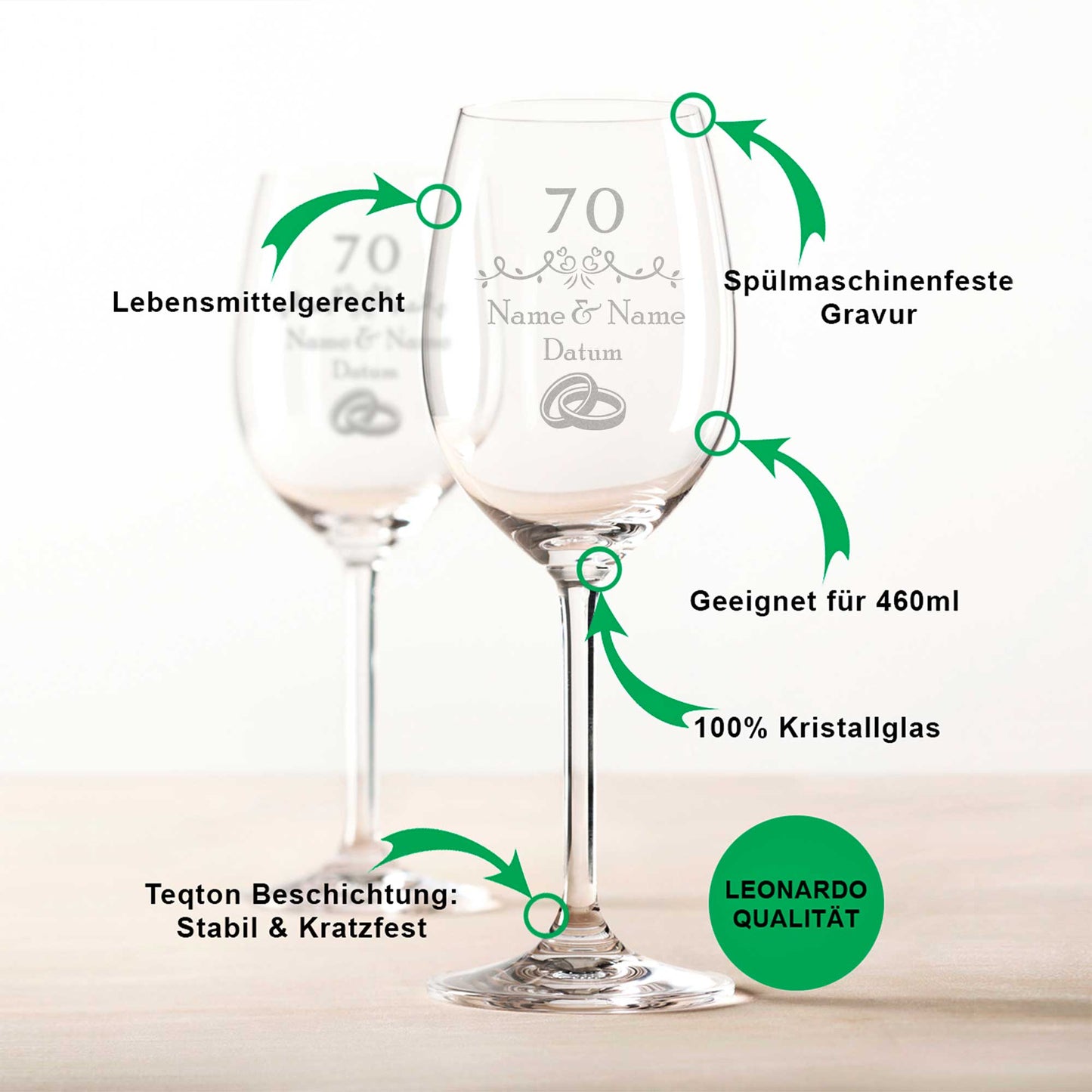 Leonardo Weingläser zur 70 Jahre Gnadenhochzeit mit Namen & Datum im Set