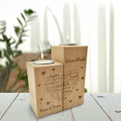 Gravierter Teelichthalter aus Holz im Set mit Namensherz Mama Design