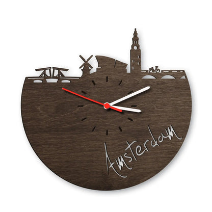 Wanduhr aus Holz Skyline Amsterdam