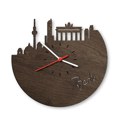 Wanduhr aus Holz Skyline Berlin