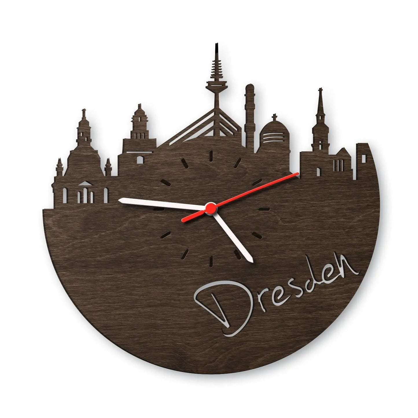 Wanduhr aus Holz Skyline Dresden
