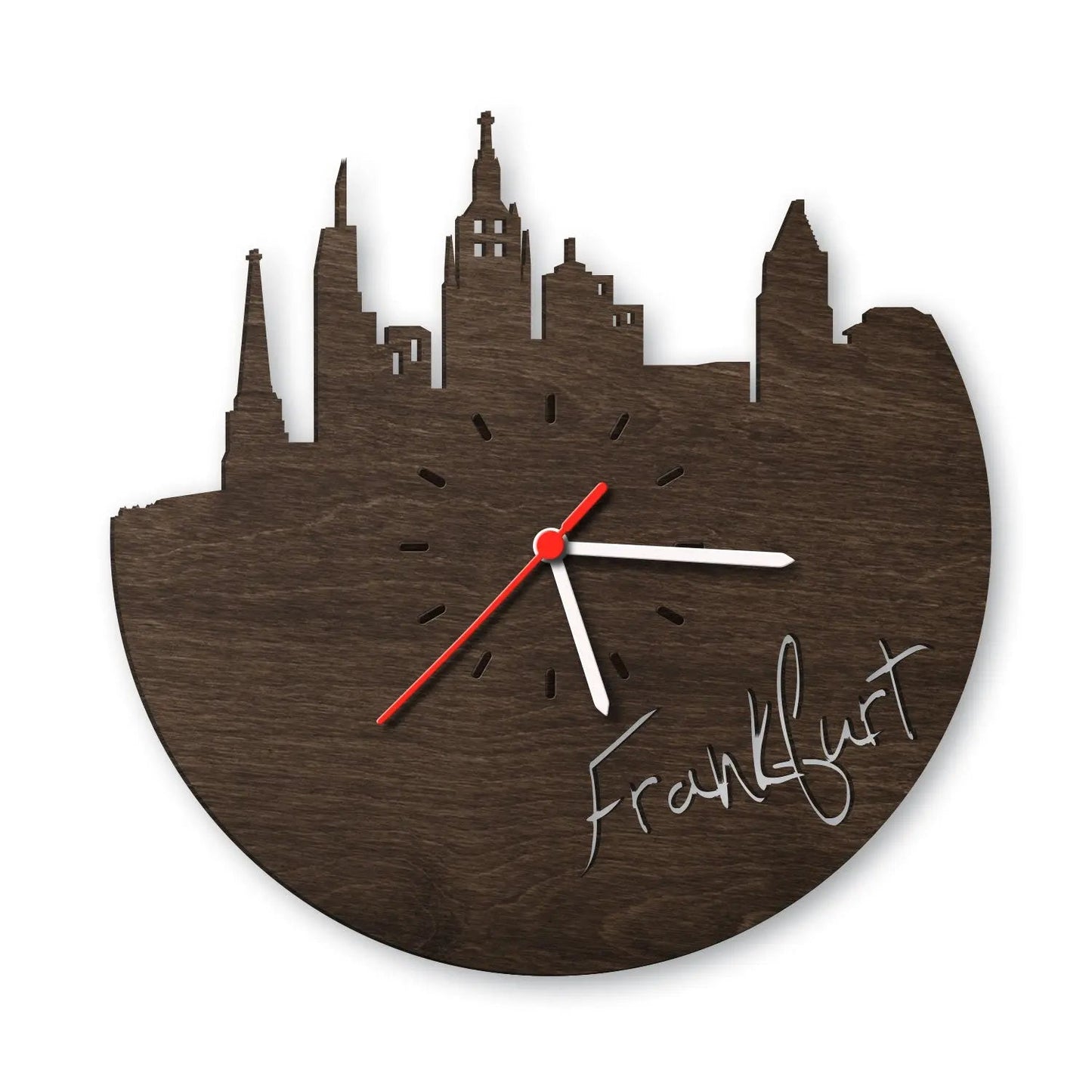 Wanduhr aus Holz Skyline Frankfurt