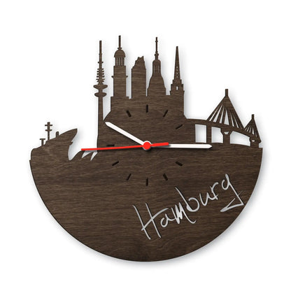 Wanduhr aus Holz Skyline Hamburg 2016