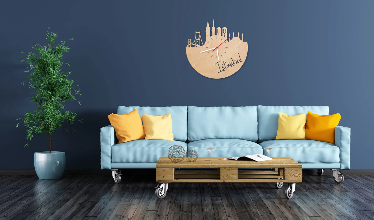 Wanduhr aus Holz Skyline Istanbul
