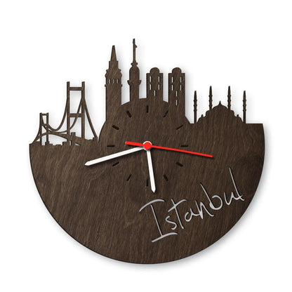 Wanduhr aus Holz Skyline Istanbul