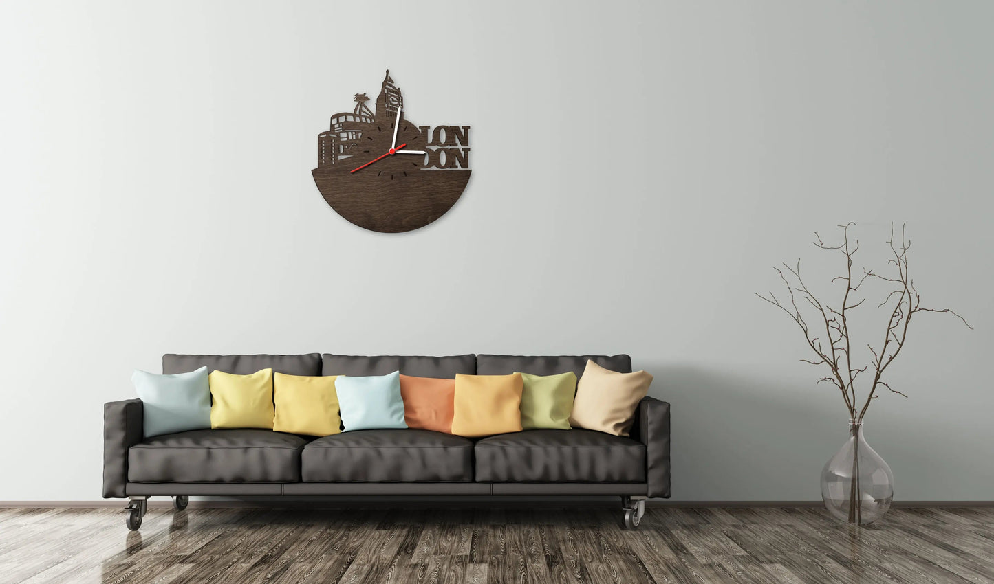 Wanduhr aus Holz Skyline London 2016