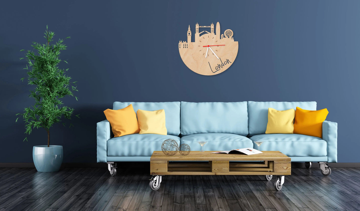 Wanduhr aus Holz Skyline London