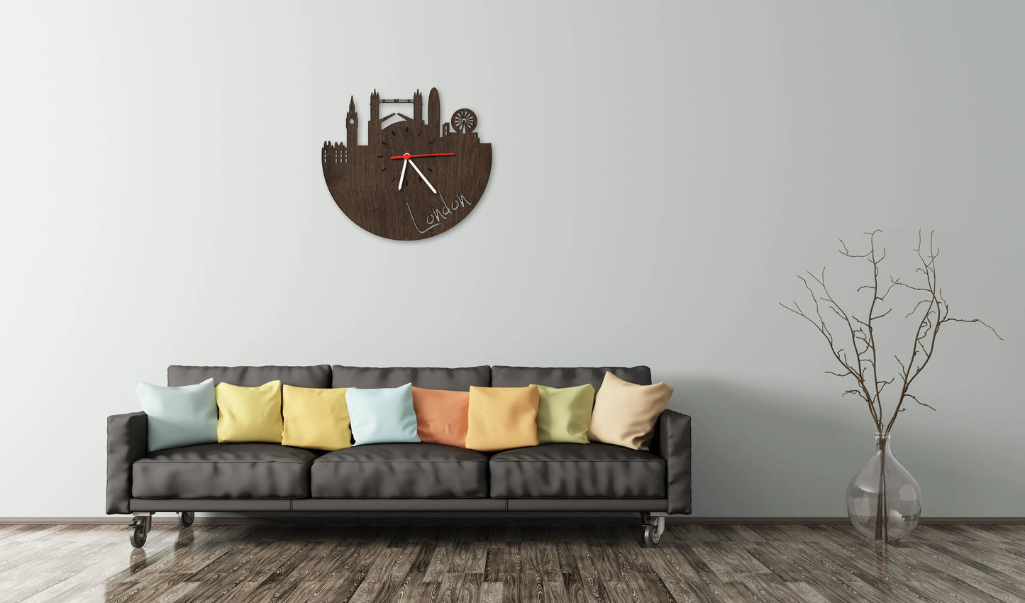 Wanduhr aus Holz Skyline London