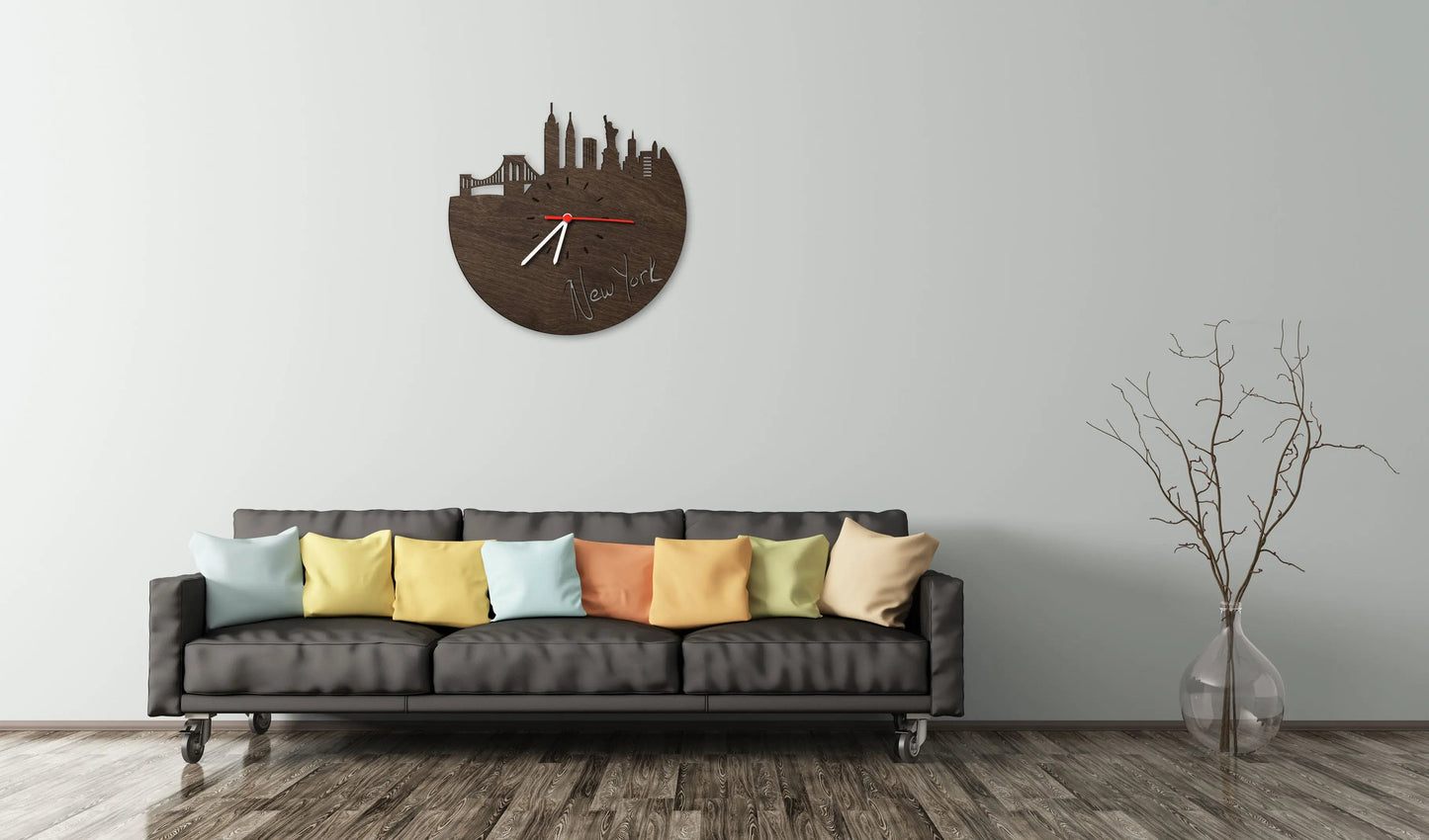 Wanduhr aus Holz Skyline New York