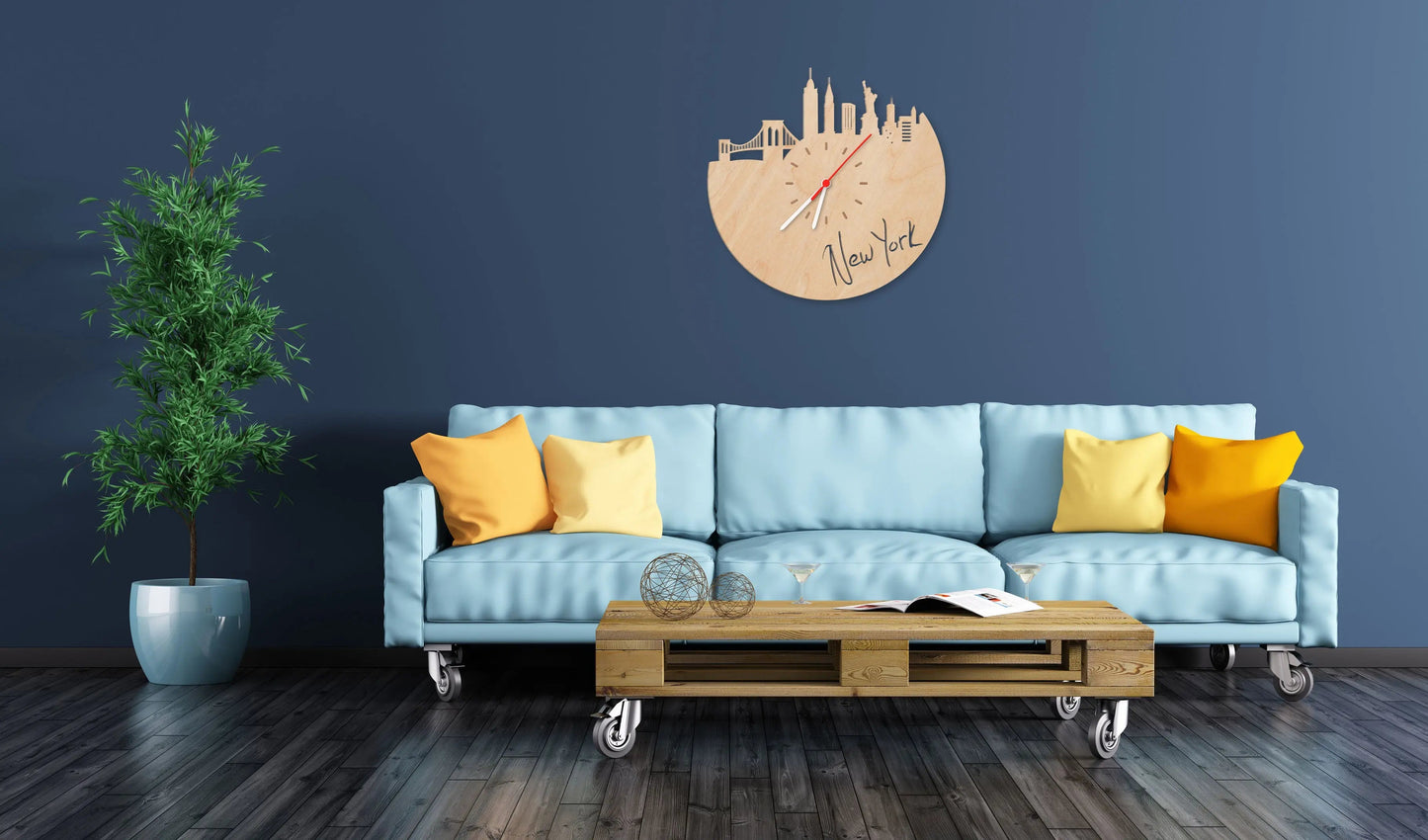 Wanduhr aus Holz Skyline New York