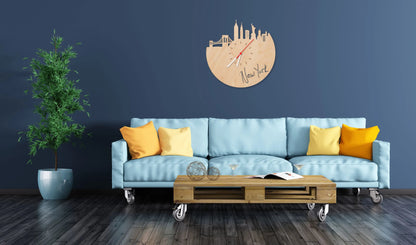 Wanduhr aus Holz Skyline New York