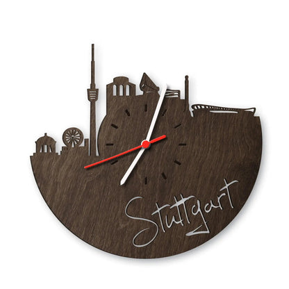 Wanduhr aus Holz Skyline Stuttgart