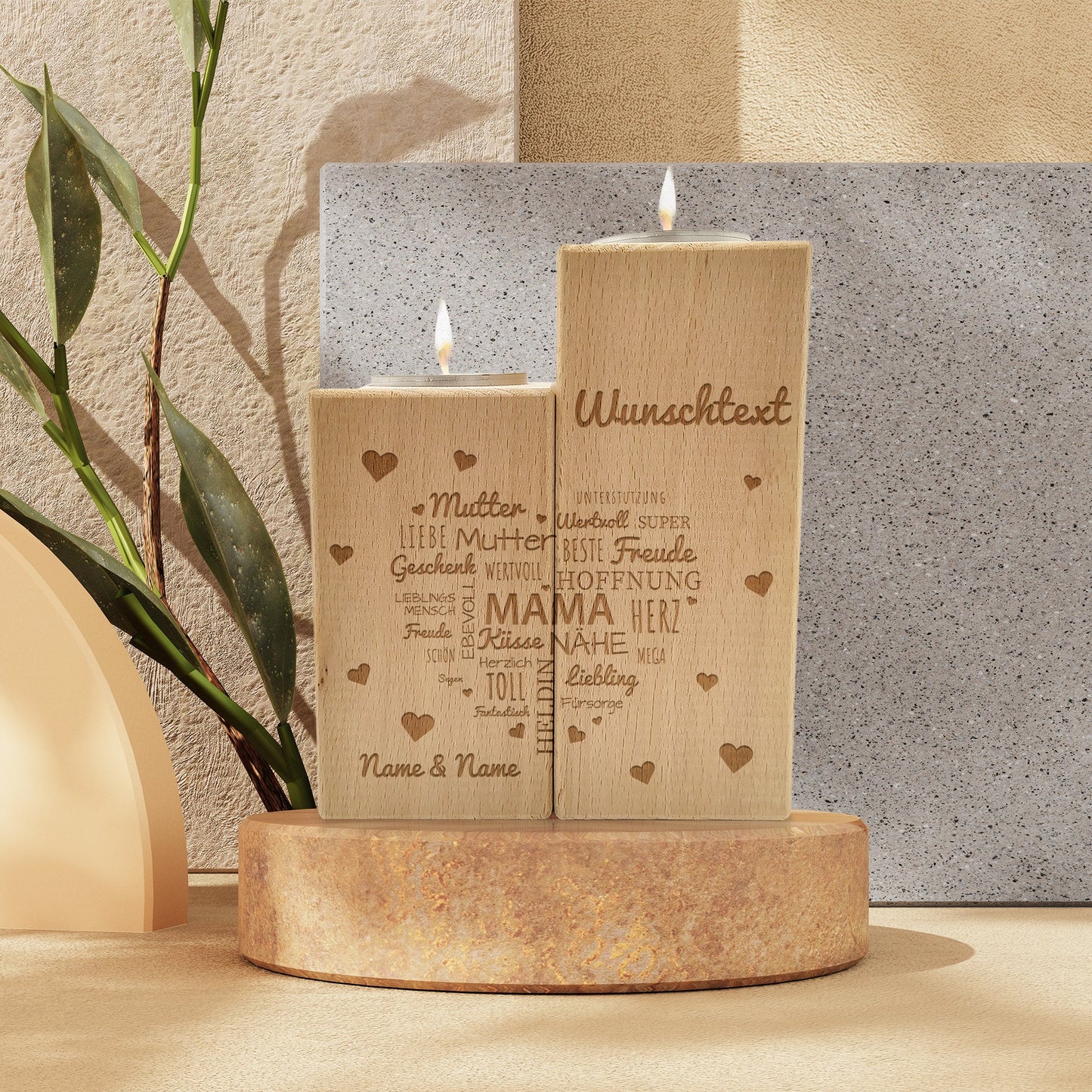 Gravierter Teelichthalter aus Holz im Set mit Namensherz Mama Design