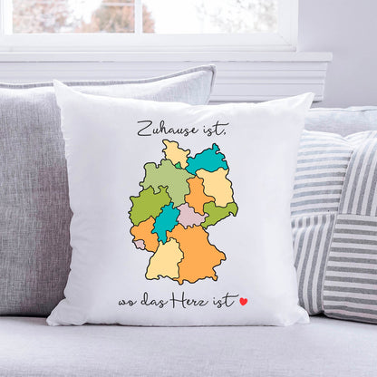 Bedrucktes Kissen mit Spruch Zuhause ist, wo das Herz ist