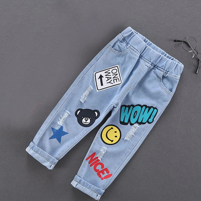 Spring Autumn Children Jeans  Boys Cotton Print Splice Stretch Denim - Meloni2