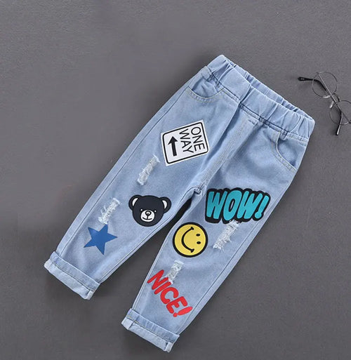Spring Autumn Children Jeans  Boys Cotton Print Splice Stretch Denim - Meloni2