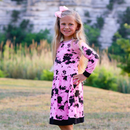 Mädchen Kleid Rosa Schwarz Weiß Langarm Baumwolle - Meloni2