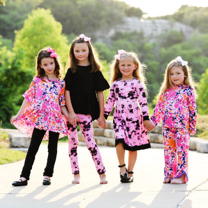 Mädchen Kleid Rosa Schwarz Weiß Langarm Baumwolle - Meloni2