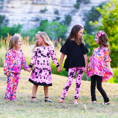 Mädchen Kleid Rosa Schwarz Weiß Langarm Baumwolle - Meloni2