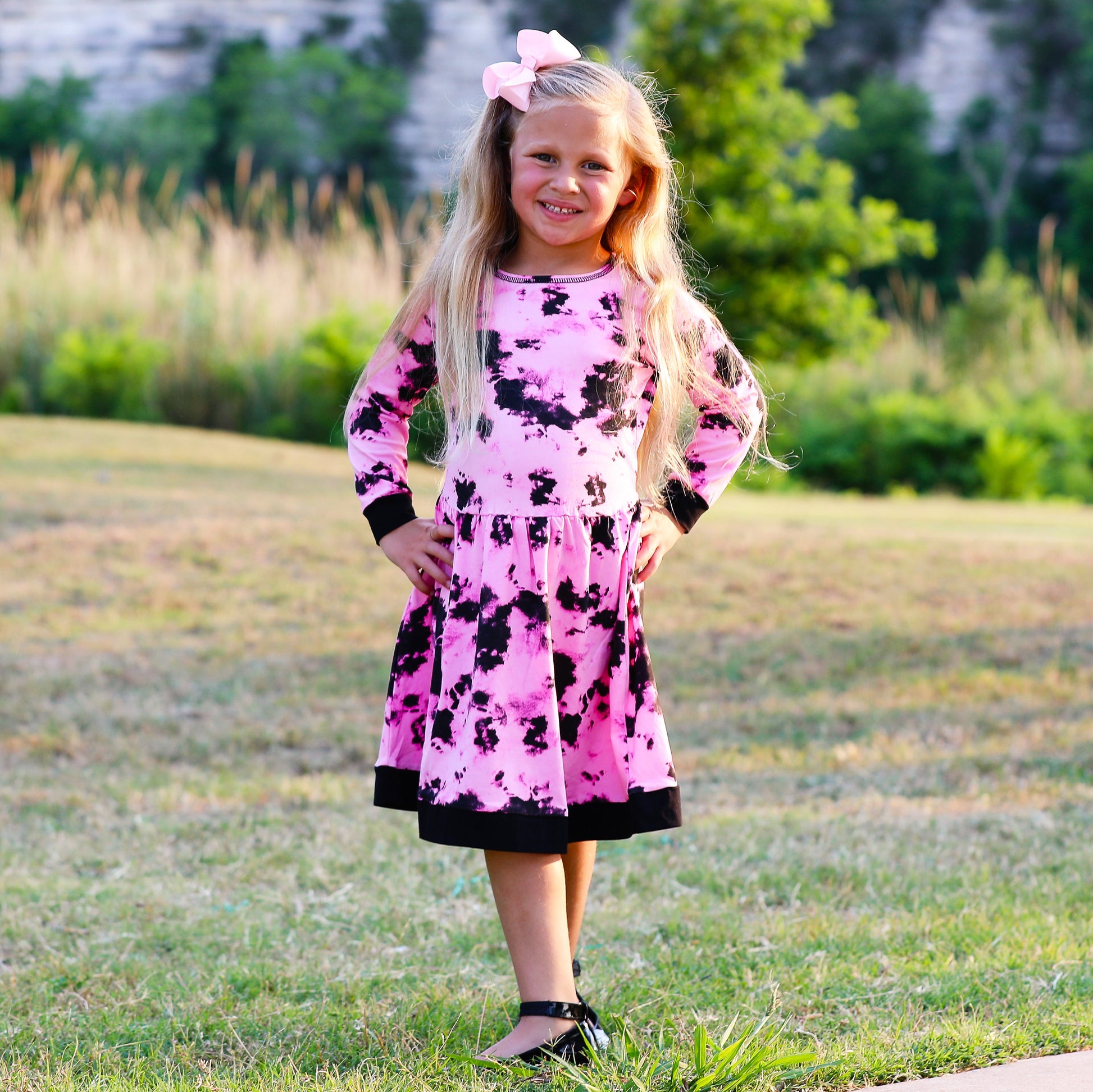 Mädchen Kleid Rosa Schwarz Weiß Langarm Baumwolle - Meloni2