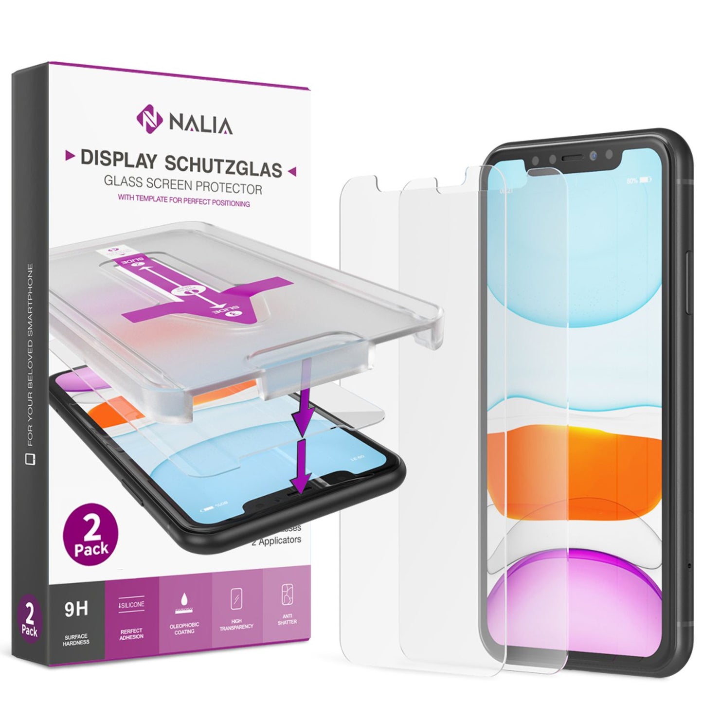 NALIA (2x) Schutzglas & Applikator kompatibel mit iPhone 11 Pro/ X/ Xs, 9H Glasfolie mit Schablone für einfache Installation, hoher Handy Displayschutz Hartglas Abdeckung Tempered Glass - Transparent
