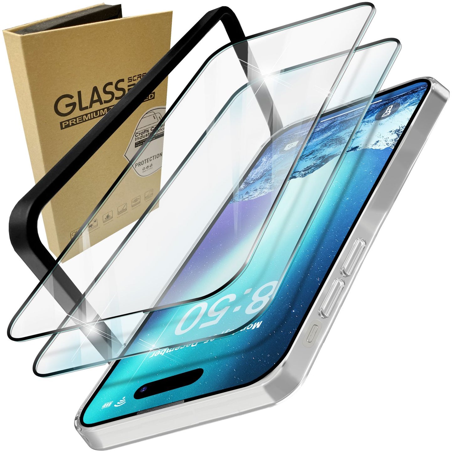 NALIA 2x Schutzglas & 1x Schablone - Set kompatibel mit iPhone 15 Glas, 9H Full-Screen Glasfolie [Case-Friendly] mit Applikator, einfache Installation, Transparenter Displayschutz mit schwarzem Rand