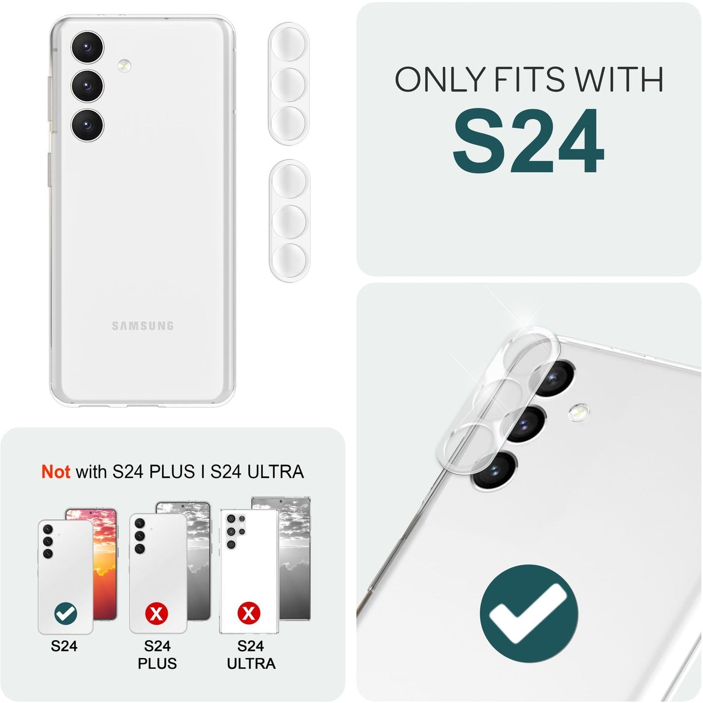 NALIA [2 Stück] Kamera-Schutzglas kompatibel mit Samsung Galaxy S24 Glas, Klarer Robuster Linsen-Schutz für Rückkamera, Gehärtete Glasfolie mit Zwischenraum-Abdeckung, Transparenter Kameraschutz