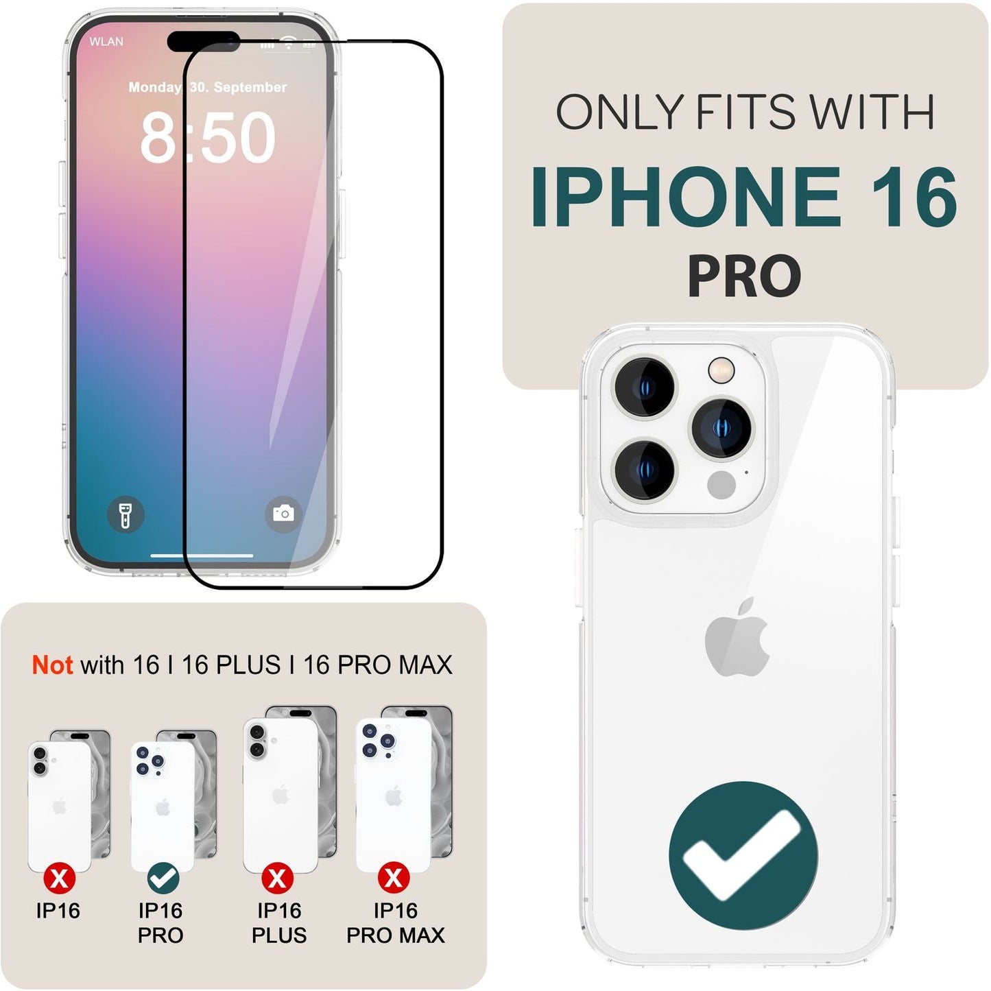 NALIA Set [3-in-1] 2x Schutzglas & 1x Rahmen kompatibel mit iPhone 16 Pro Glas, Klar Panzer-Glas 9H Full Screen-Protector Gehärtete Glasfolie Display-Schutz & Zubehör für Einfache Installation