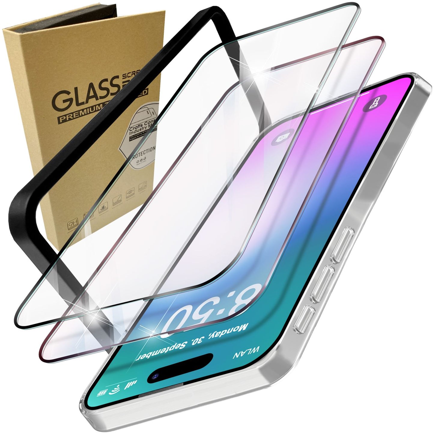 NALIA Set [3-in-1] 2x Schutzglas & 1x Rahmen kompatibel mit iPhone 16 Pro Max Glas, Klar Panzer-Glas 9H Full Screen-Protector Gehärtete Glasfolie Display-Schutz & Zubehör für Einfache Installation