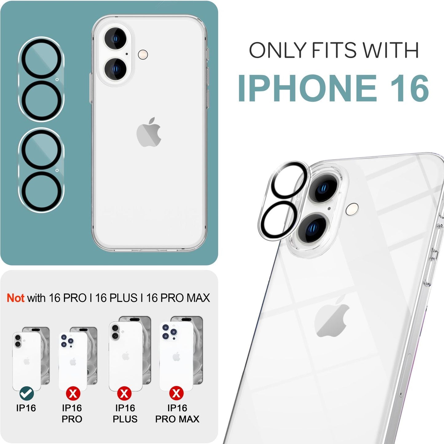 NALIA 2x Kamera-Schutzglas kompatibel mit iPhone 16 Glas, Klarer Linsen-Schutz für Rückkamera, Kameraglas 9H Tempered Glass Protector Glasfolie mit Zwischenraum-Abdeckung, Kameraschutz Transparent