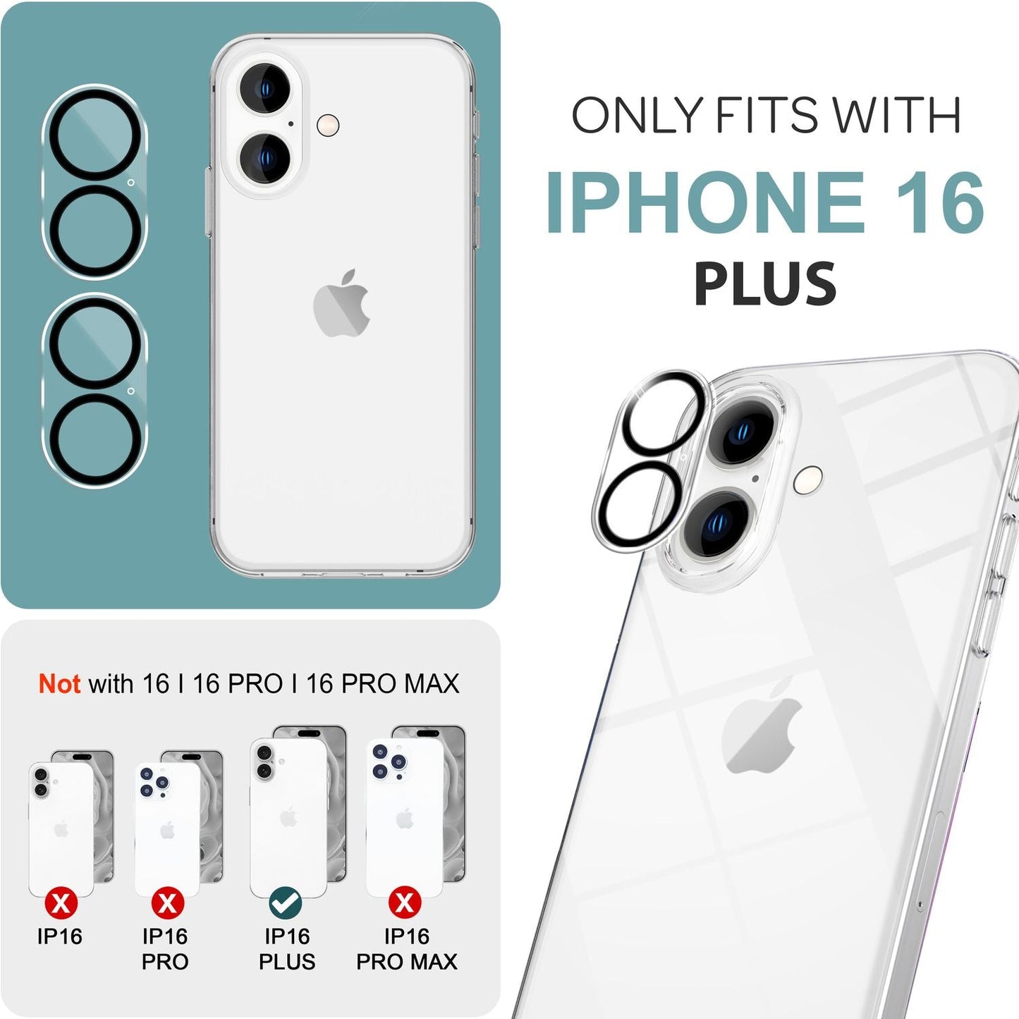 NALIA 2x Kamera-Schutzglas kompatibel mit iPhone 16 Plus Glas, Klarer Linsen-Schutz für Rückkamera, Kameraglas 9H Tempered Glass Protector Glasfolie Zwischenraum-Abdeckung, Kameraschutz Transparent