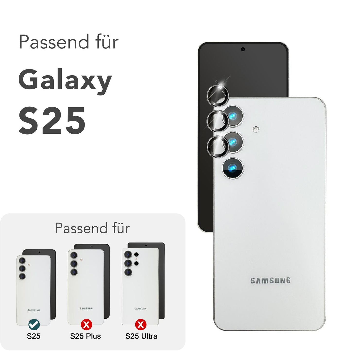 NALIA Glas Kameraschutzringe für Samsung Galaxy S25 – Linsenschutz & Case Friendly – FOCUS.PRO CLX (9H Härtegrad & Montagerahmen) – Marke aus Berlin