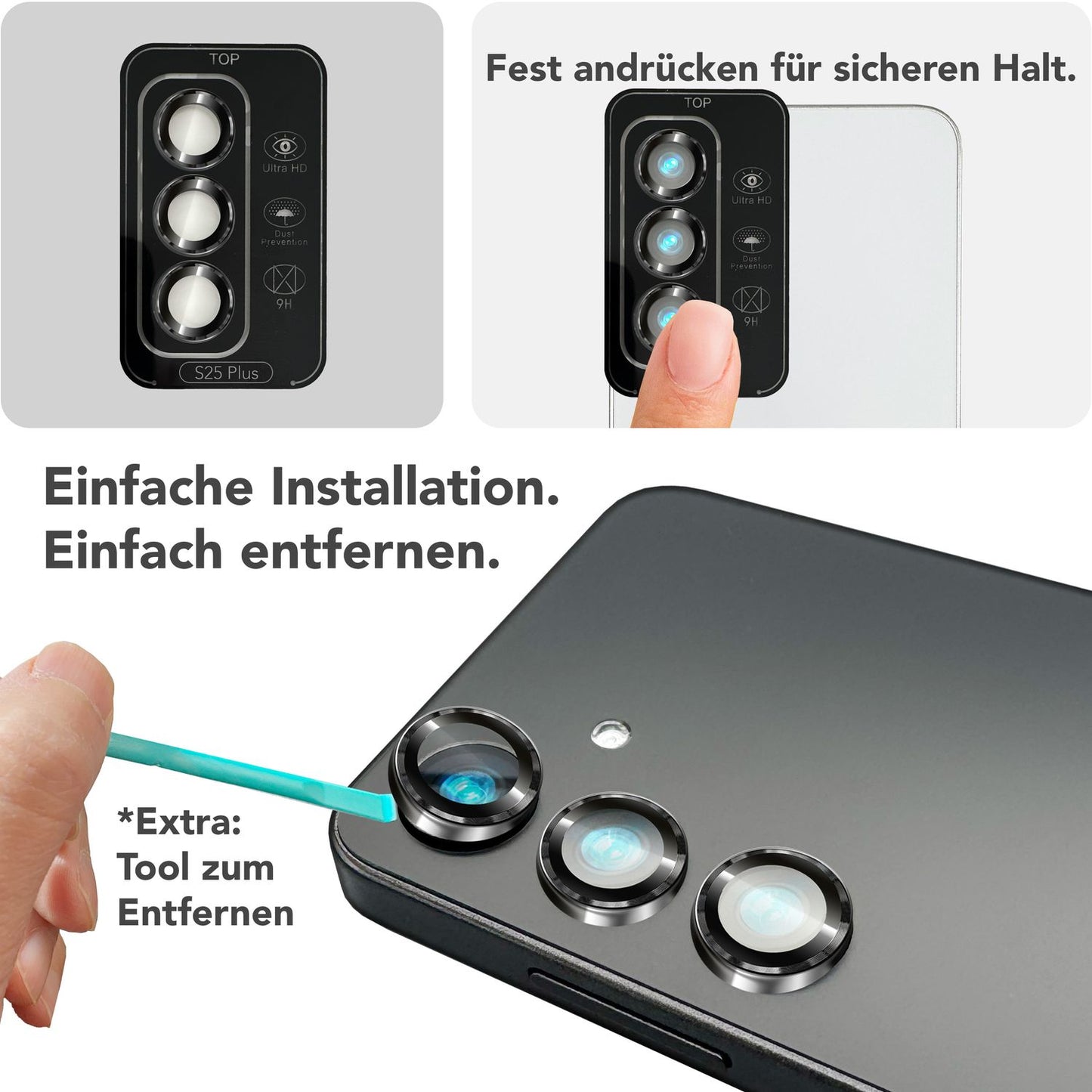 NALIA Glas Kameraschutzringe für Samsung Galaxy S25 Plus – Linsenschutz & Case Friendly – FOCUS.PRO CLX (9H Härtegrad & Montagerahmen) – Marke aus Berlin