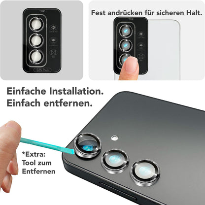 NALIA Glas Kameraschutzringe für Samsung Galaxy S25 Plus – Linsenschutz & Case Friendly – FOCUS.PRO CLX (9H Härtegrad & Montagerahmen) – Marke aus Berlin