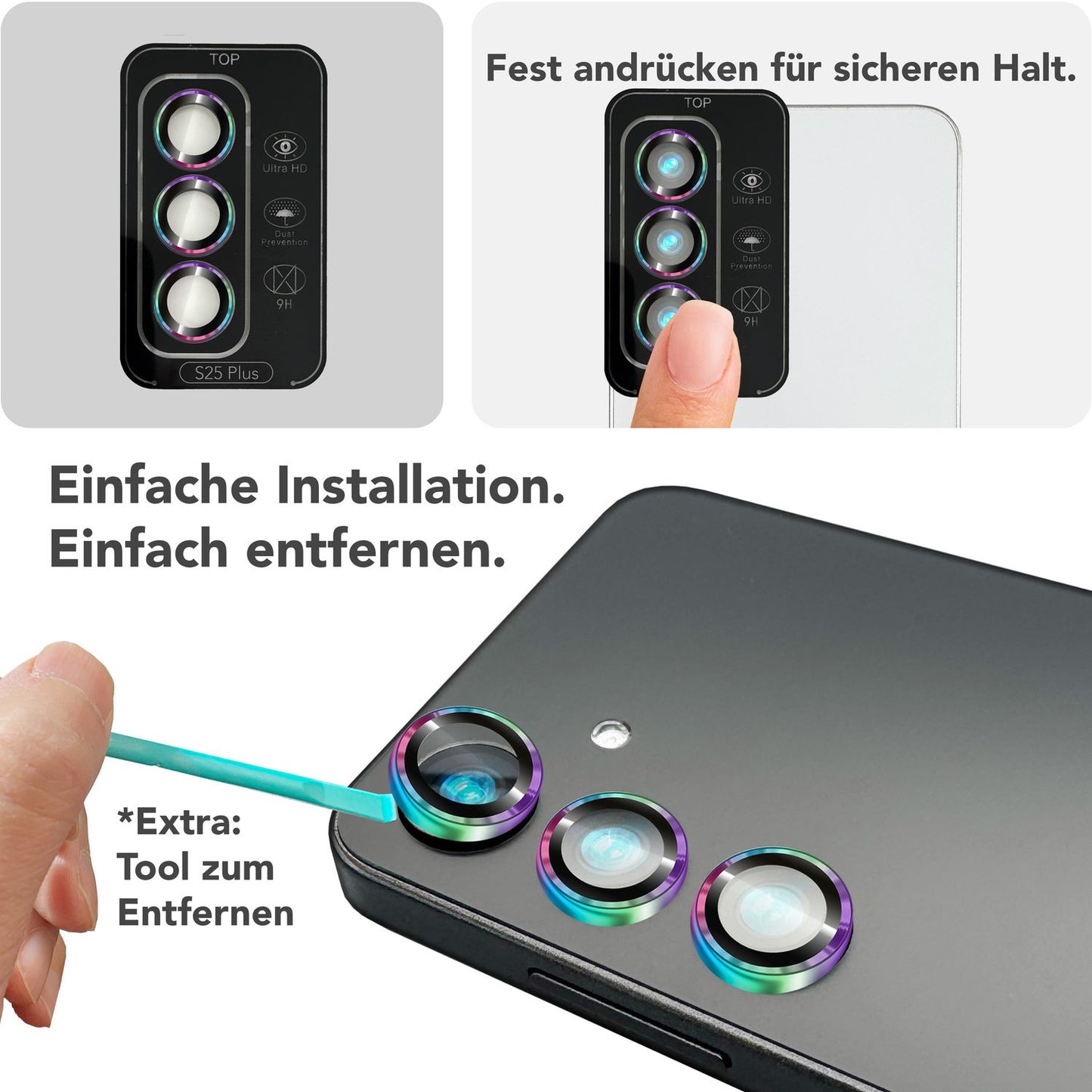 NALIA Glas Kameraschutzringe für Samsung Galaxy S25 Plus – Linsenschutz & Case Friendly – FOCUS.PRO CLX (9H Härtegrad & Montagerahmen) – Marke aus Berlin